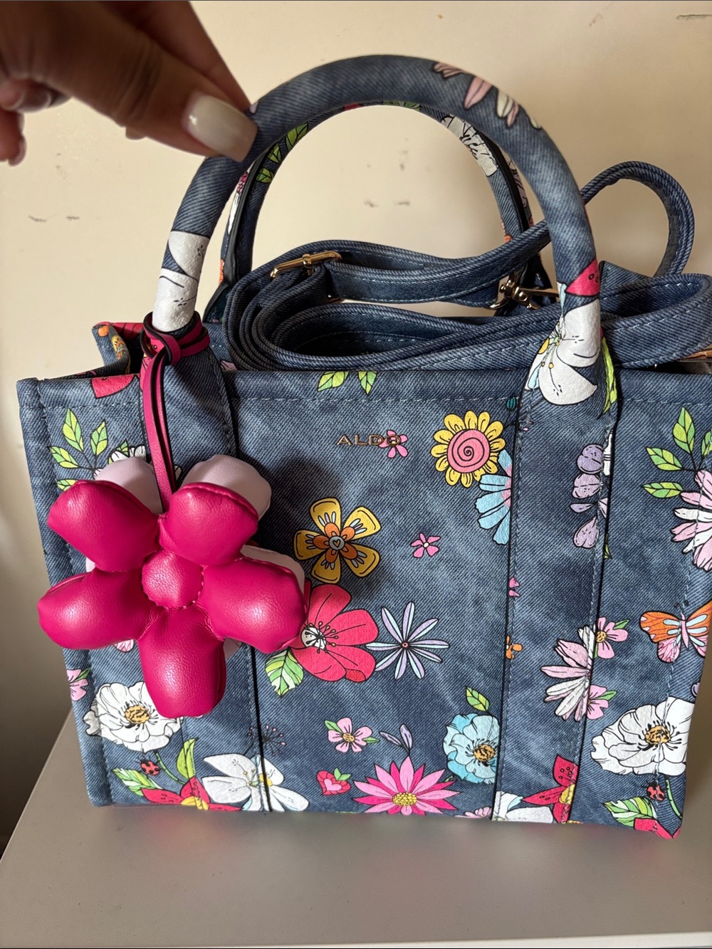 ALDO Denim-Effect Floral Tote with Hot Pink Flower Charm